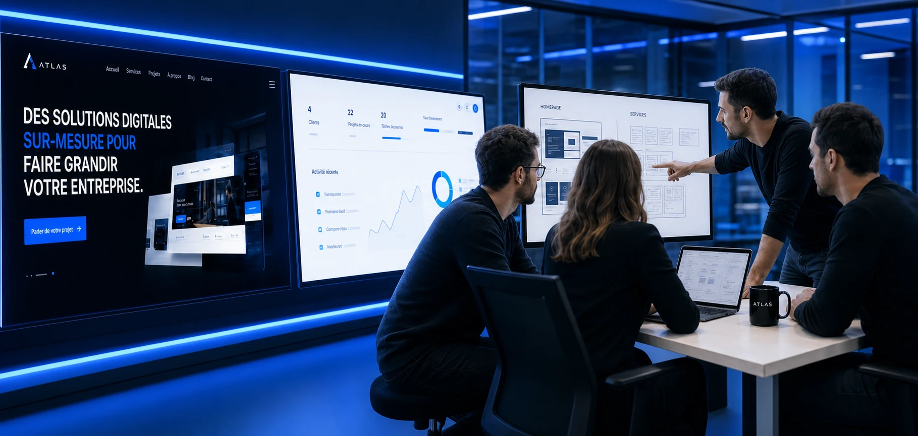 Équipe Atlas Media Agency concevant des sites et tableaux de bord numériques